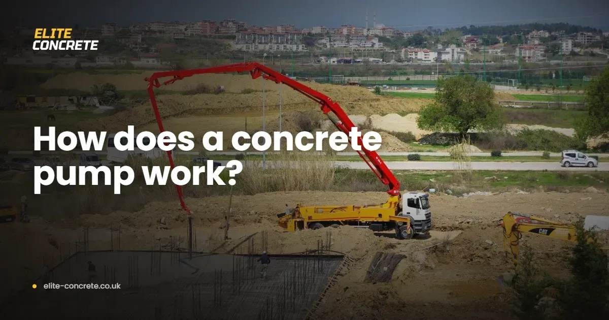 A concrete pump boom placing wet concrete on a construction site